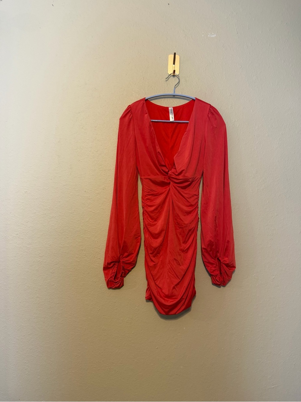 Lucy in The Sky Orange Coral Twist Front‎ Ruched V Neck Long Sleeve Mini Dress